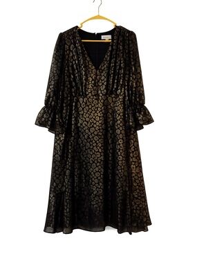 Metallic Leopard-Print Black Long Sleeve Dress